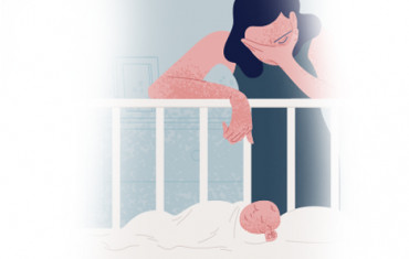 Sad tired woman leaning over newborn baby sleeping - Postpartum Anxiety